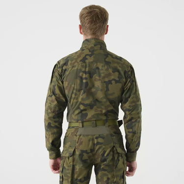 Camouflage field shirt back view with long sleeves and webbing waist strap