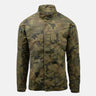Camouflage field shirt front with button closure and chest utility pockets