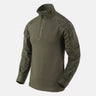 Combat shirt with hood, olive front, textured camo sleeves, quarter-zip