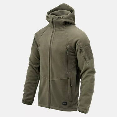 Olive green hybrid fleece jacket with full zip, hood, and chest pocket