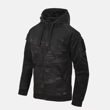 Hooded full-zip hoodie, dark camo pattern across front and sleeves on black base