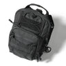 Dark gray chest bag with front zip pocket and cord loop detail