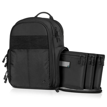 Compact pistol backpack in black with open front pouch and multiple zip compartments.