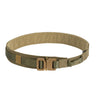 Tactical gun belt with olive webbing and tan buckle, adjustable strap