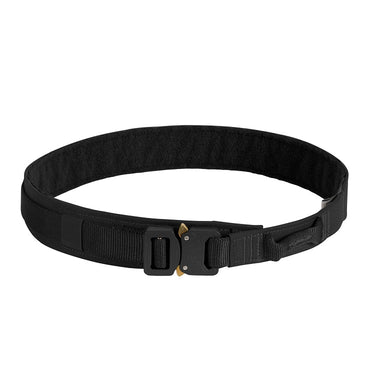Tactical gun belt with black webbing and black buckle, adjustable strap