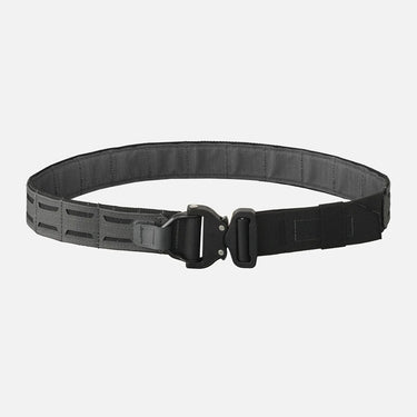 Black tactical belt with adjustable buckle and hook clips