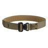 Tan tactical belt with webbing and black metal buckle and keeper