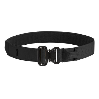Black tactical belt with webbing, black metal buckle, and fabric loop keeper