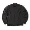 Black flight jacket with full front zipper and ribbed cuffs and hem.