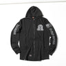 Black hooded zip jacket with chest logo and American flag stripe sleeve detail