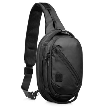 Black crossbody sling bag with front zip pocket, side details, and adjustable strap