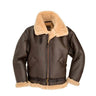 Brown leather RAF-style sheepskin bomber jacket with tan shearling collar and cuffs