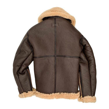 Brown leather RAF-style sheepskin bomber jacket back view with tan shearling trim