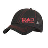 Black mesh feed cap with red BAD to the bone graphic and red stitched brim