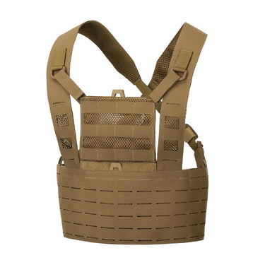 Coyote brown tactical chest rig with adjustable shoulder straps and front organizer