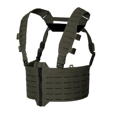 Dark olive tactical chest rig with zip-front panel and shoulder straps