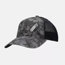 Camo trucker cap with palm print front and black mesh back, adjustable snap strap