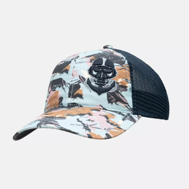 Tropical print trucker cap with black mesh back and front graphic, adjustable snap strap
