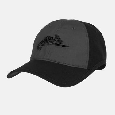 Logo cap with dark gray crown, black brim, embroidered logo