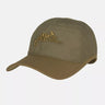 Logo cap with tan crown, brown brim, embroidered logo