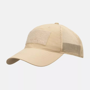 Khaki technical trucker cap with curved brim, front patch, and mesh back; HELIKON-TEX.