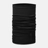 Black wool merino neck gaiter wrap with stitched logo at lower front