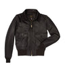 Goatskin flight jacket in dark leather with front zipper and two chest pockets