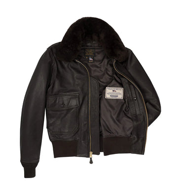 Goatskin flight jacket with dark shearling-style removable collar and front zipper