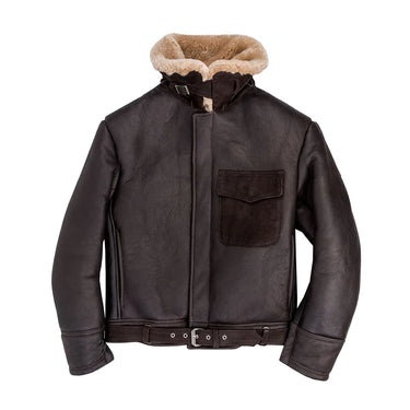 Brown leather jacket with tan shearling stand collar, zip front, and chest pocket