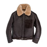 Brown leather jacket with tan shearling collar, zip front, and chest pocket