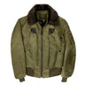 Olive green nylon bomber jacket with dark faux fur collar and zip front pockets