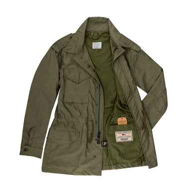 Olive green field jacket with stand collar, flap pockets, and interior drawstring
