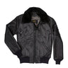 Black leather flight jacket with faux fur collar, zip front and sleeve pocket