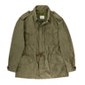 Olive green field jacket with button front, flap pockets, and drawstring waist