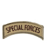 Desert tan iron-on tab patch with arched “SPECIAL FORCES” text and gray stitched border