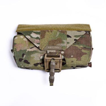 Multicam rear hanger pouch with flap, center buckle, and hanging pull tab