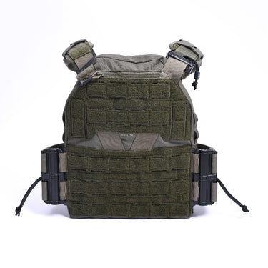 Ranger green plate carrier with gray shoulder straps and front MOLLE paneling