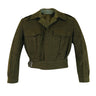 Dark olive-green wool battle dress jacket with buttoned front and flap chest pockets.