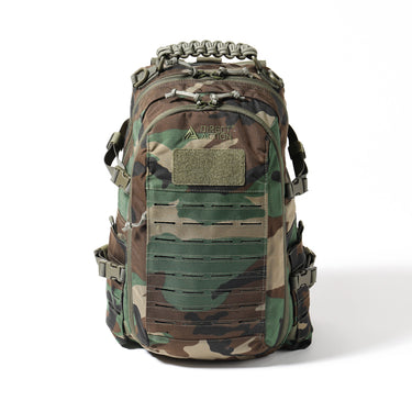 Camouflage tactical backpack with front panel webbing and reinforced straps