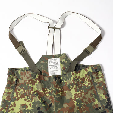 Flecktarn camouflage waterproof trousers with central snap placket and side zippers