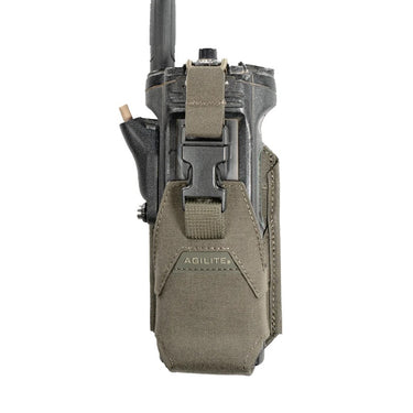 Ranger green handheld radio pouch with front hook-and-loop patch panel