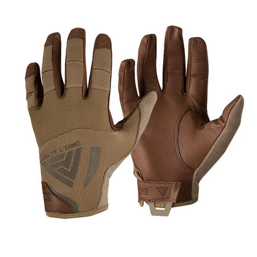 Coyote brown tactical leather hard gloves with textured knuckle panels and wrist strap