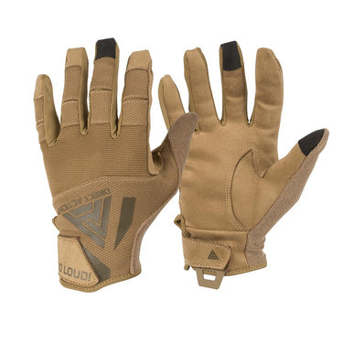 Coyote brown tactical hard gloves with padded palm and knuckle reinforcements, finger grips