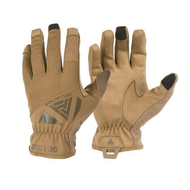 Coyote brown light tactical gloves with textured grip palm and elastic wrist cuffs