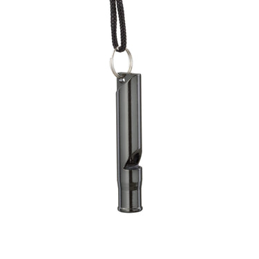 Survival whistle with keyring and black lanyard, vertical side view
