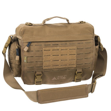 Coyote brown Cordura messenger bag with flap, front MOLLE panel, and padded strap