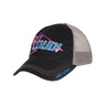 Black and grey mesh feed cap with colorful embroidered logo on front.