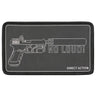 Black fabric tactical patch with white gun line art and text 'NO LOUD!' and 'Direct Action'