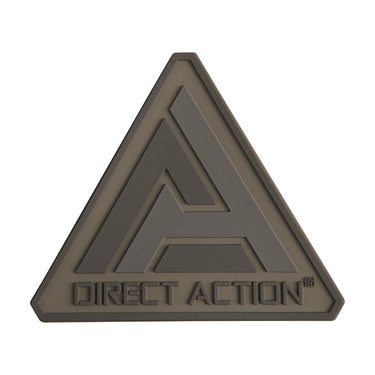 Coyote brown triangular rubber logo patch with Direct Action lettering