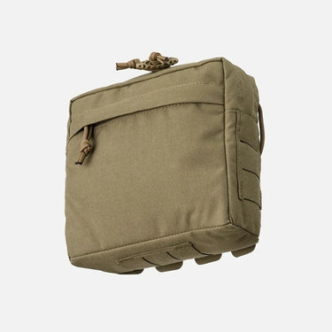 Admin pouch for chest rig, tan fabric with side pocket panel and top cord loop.